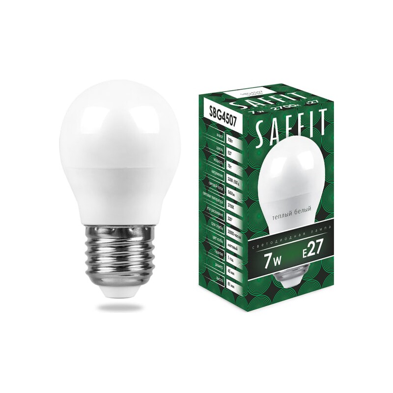 Лампа светодиодная Saffit SBG4507 7W 230V E27 G45 Тёплый матовый шар