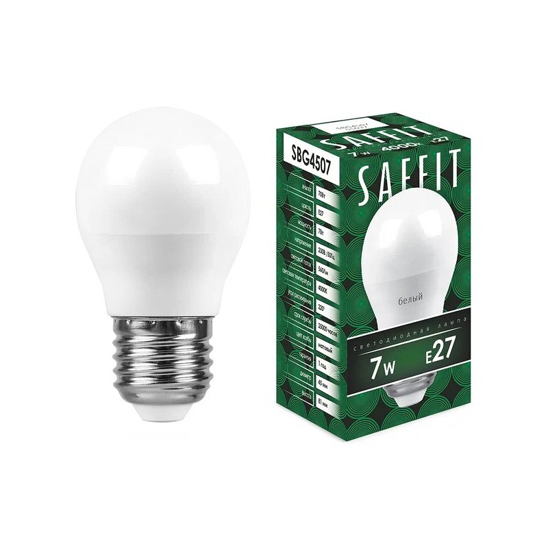 Лампа светодиодная Saffit SBG4507 7W 230V E27 G45 Дневной матовый шар