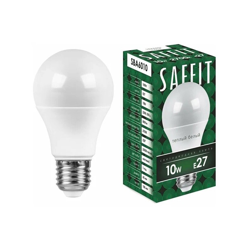 Лампа светодиодная Saffit SBA6010 10W 800Lm 230V E27 A60 Белый